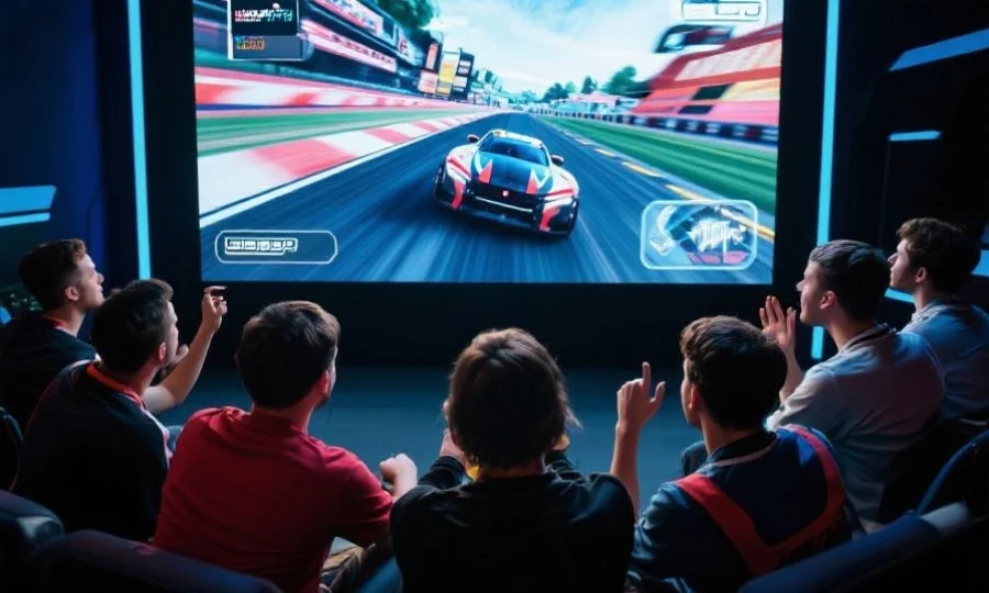 一组玩家围坐在大屏幕前，聚精会神观看虚拟赛车比赛，洋溢着兴奋与互动氛围