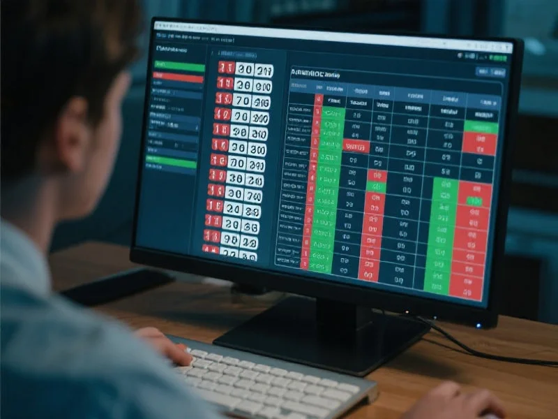 一个人在电脑前分析极速赛车号码数据，屏幕上显示着排列组合和统计表格